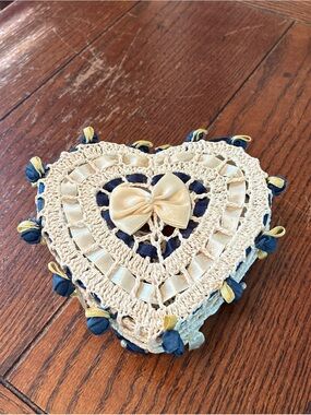 Handmade Crocheted Lace Heart Lidded Trinket Box Bows Roses Pearl Accents